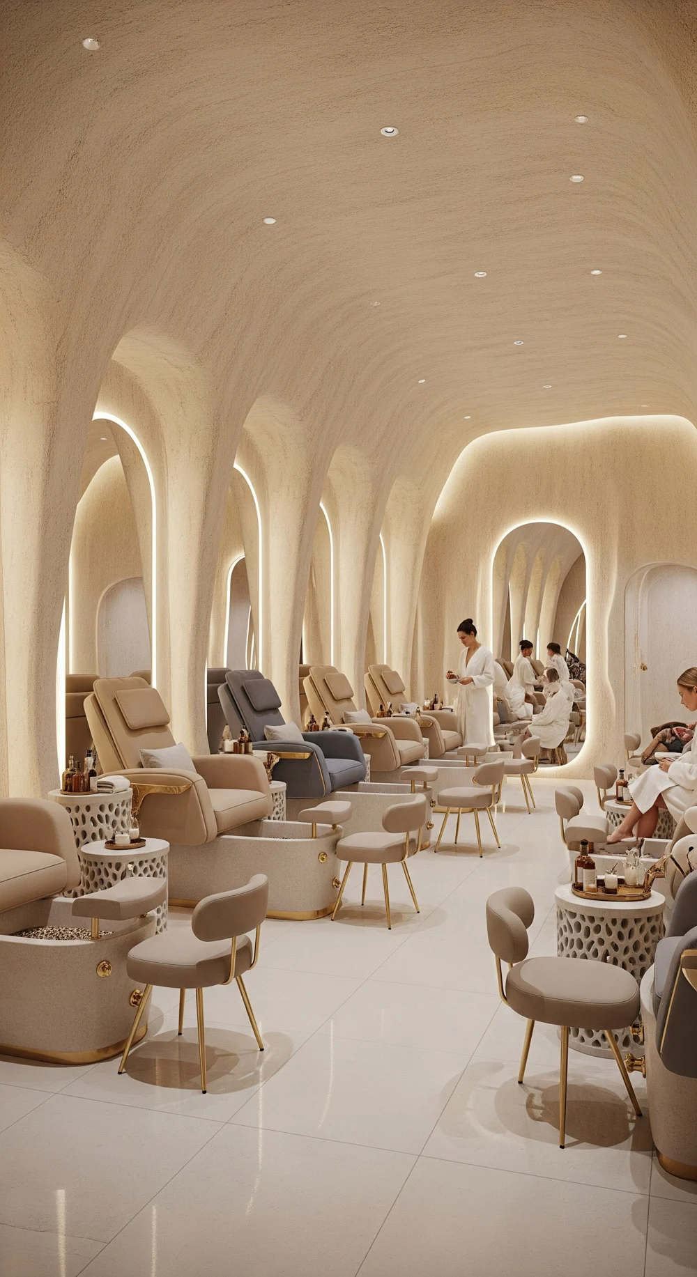 Conceptual Women's Beauty Salon — Rounded mirrors and treatment seating