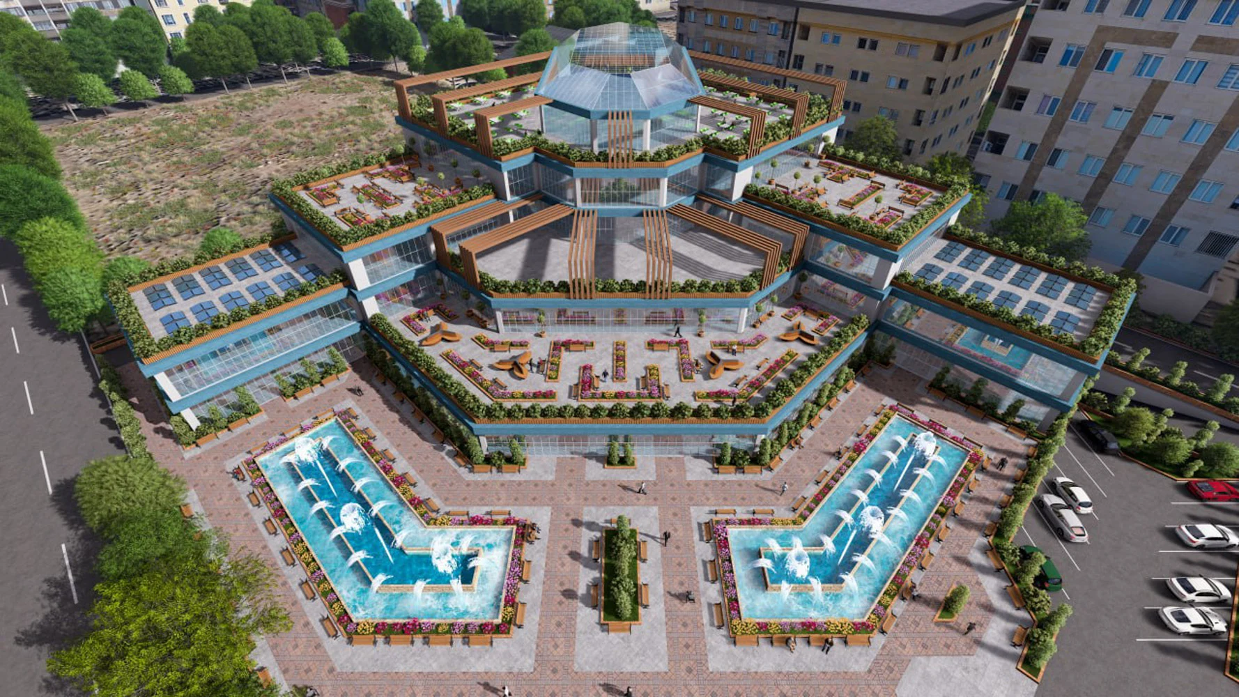 Terraced Eye Hospital — Roof landscape and central axis