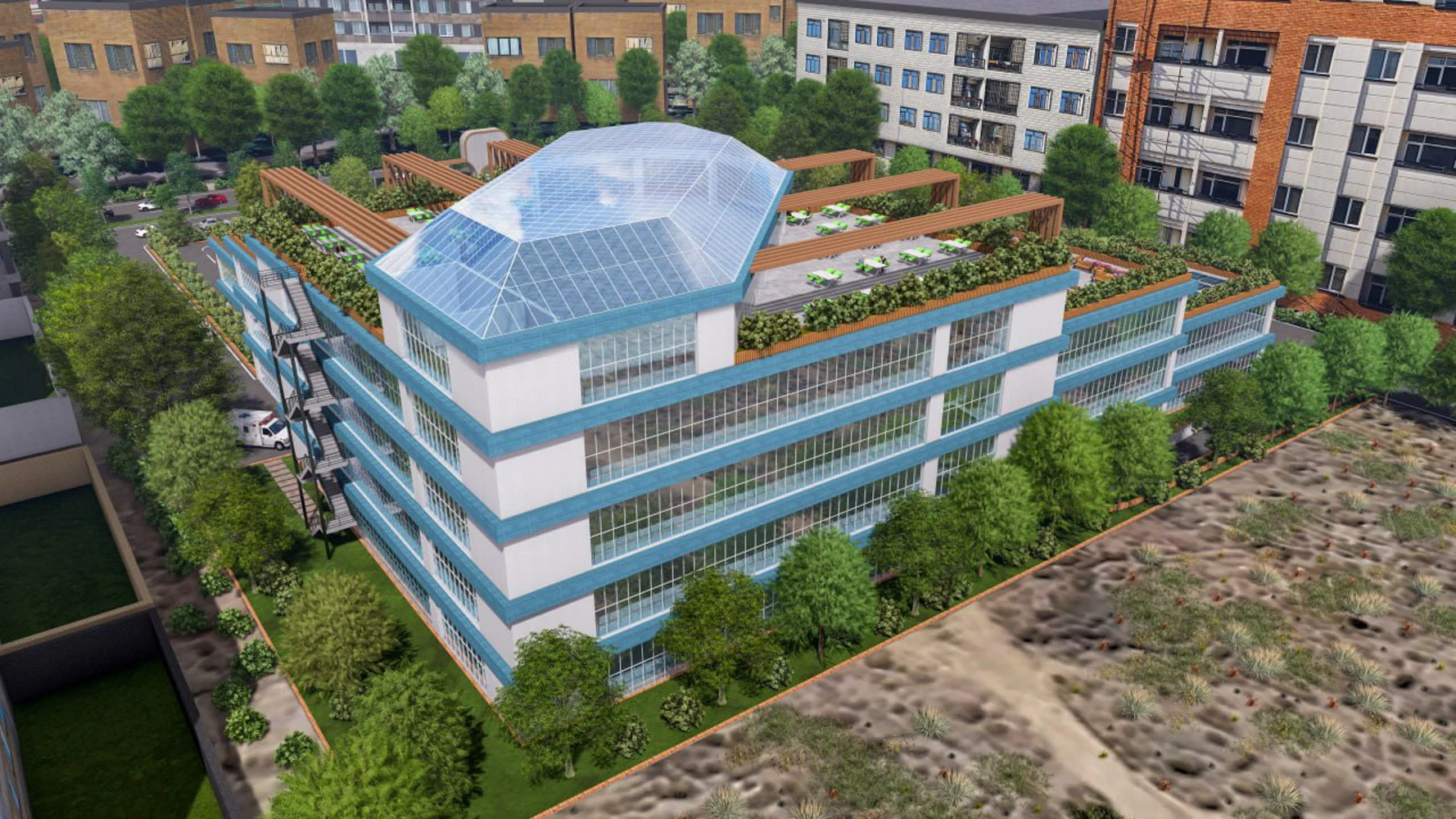 Terraced Eye Hospital — Upper terraces and glazed volume