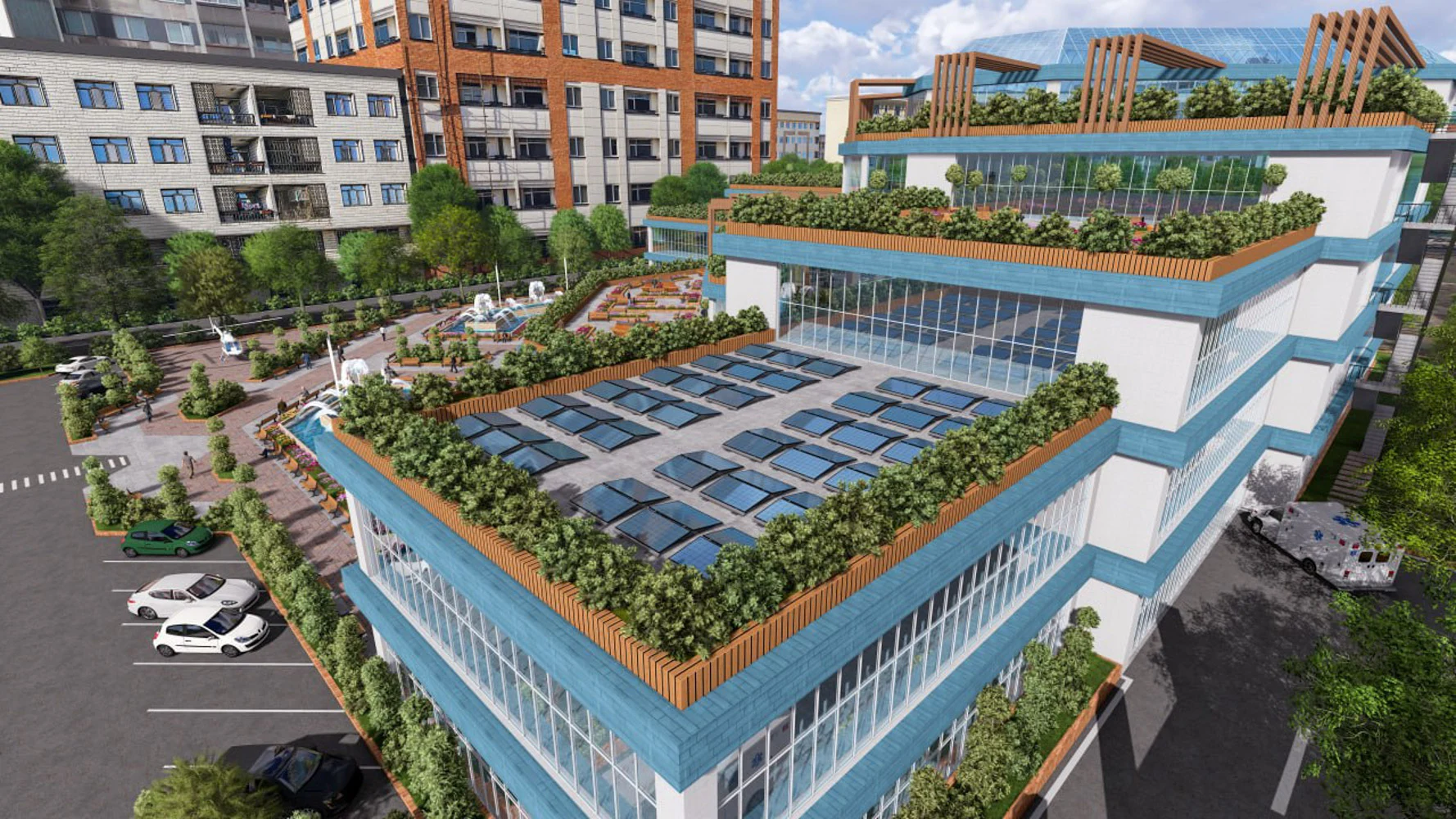 Terraced Eye Hospital — Planted roof and solar-panel study