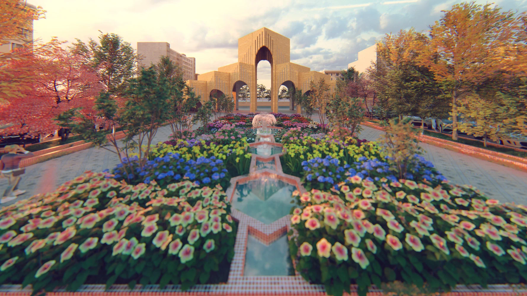 Persian Literature Center — Garden, fountain and central axis