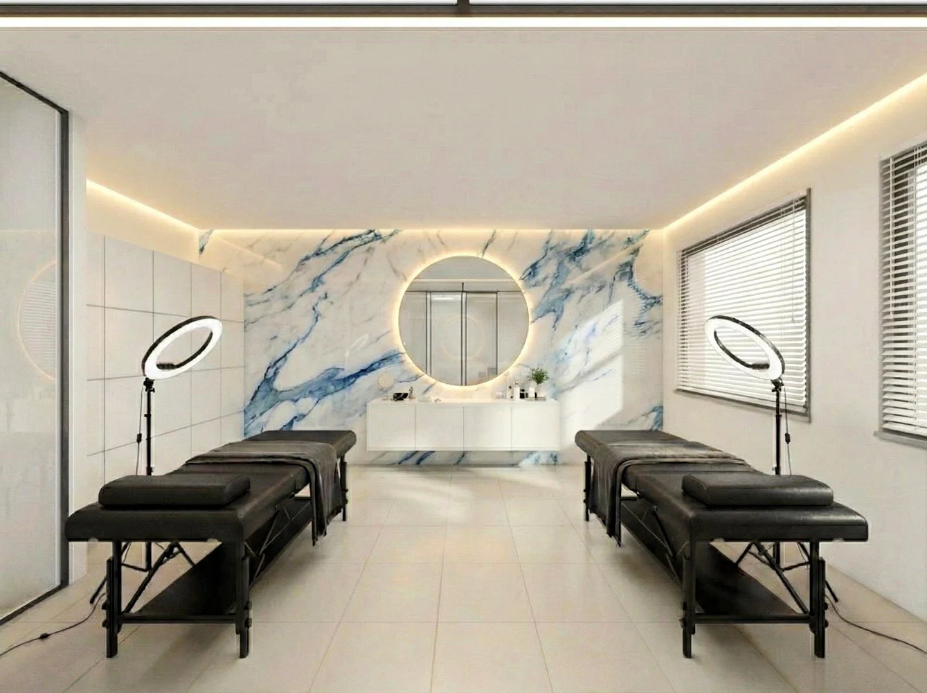 Rochilay Beauty Salon — Lash room — blue-veined feature wall