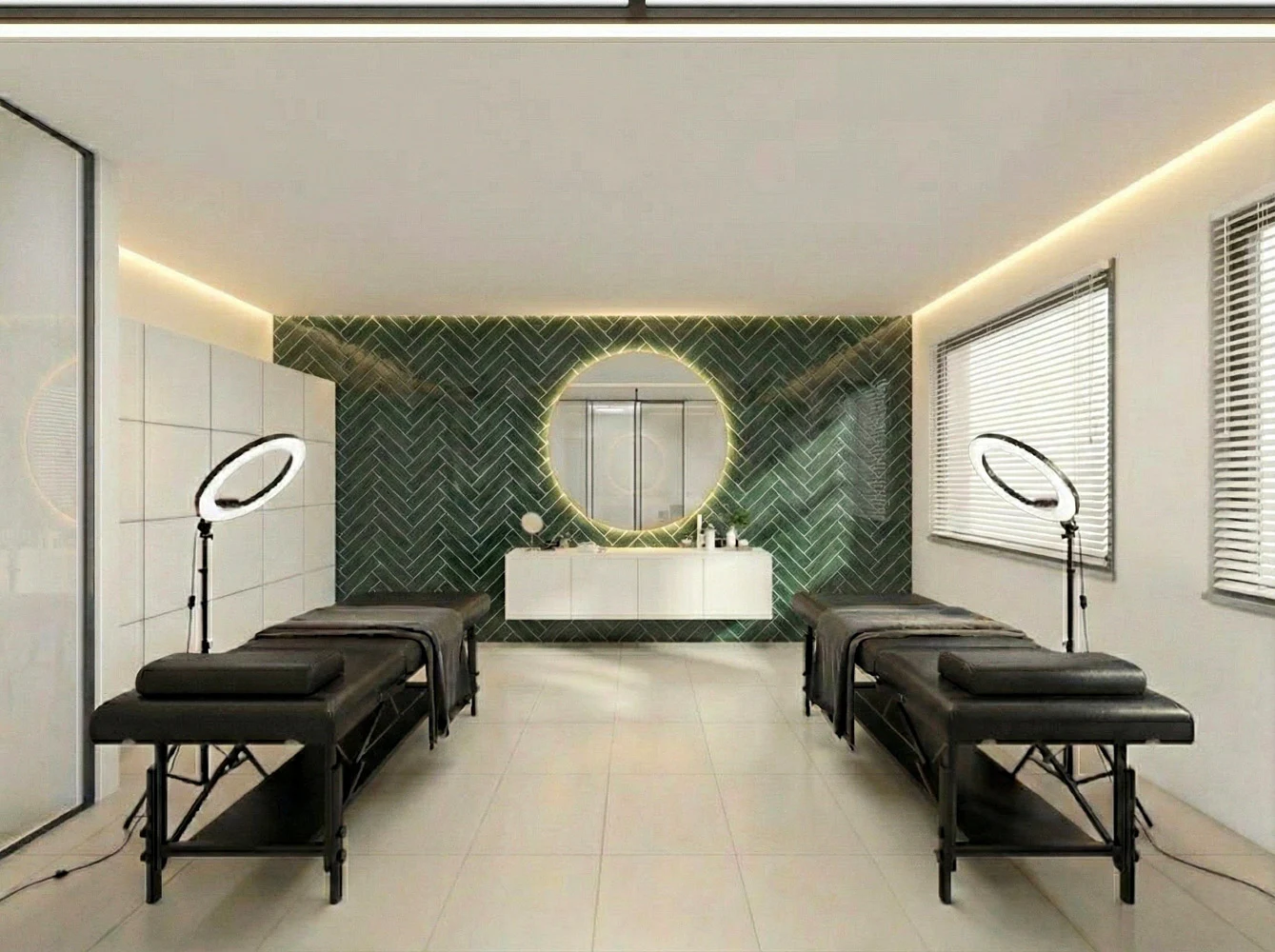 Rochilay Beauty Salon — Lash Room — Green Herringbone Brickwork